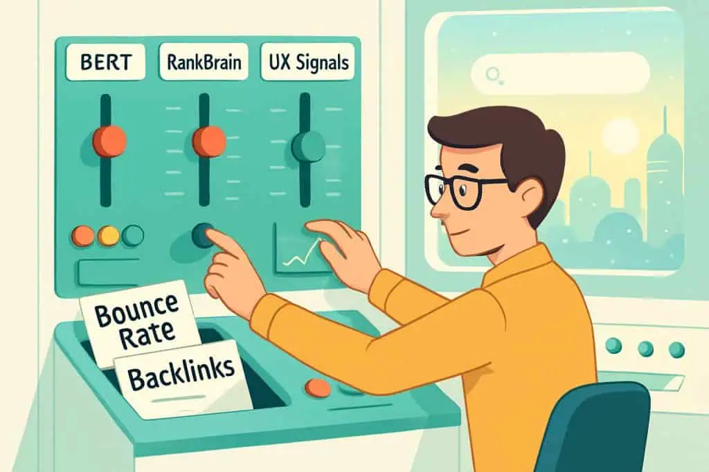 Cartoon SEO analyst replaces outdated KPIs with AI-driven metrics like BERT and RankBrain