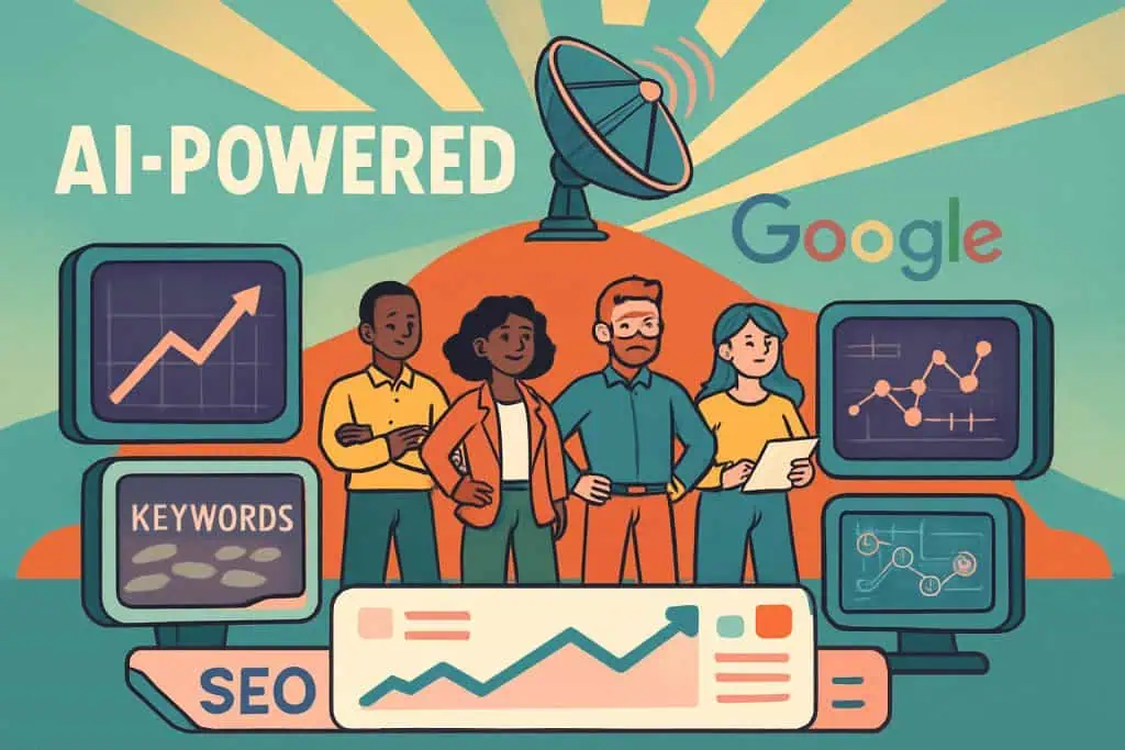 AI-powered radar team forecasting Google SEO updates in a retro-futuristic dashboard setting
