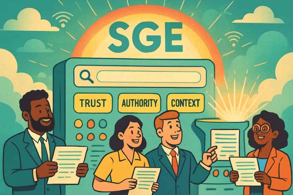 Des marketeurs optimisent du contenu pour la SGE de Google dans une salle de contrôle futuriste dédiée aux moteurs de réponses