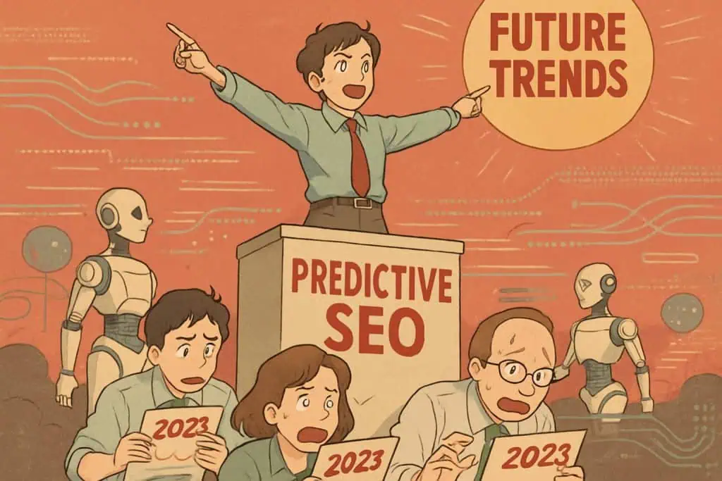 Predictive SEO leader pointing to AI-driven future trends in retro propaganda art style