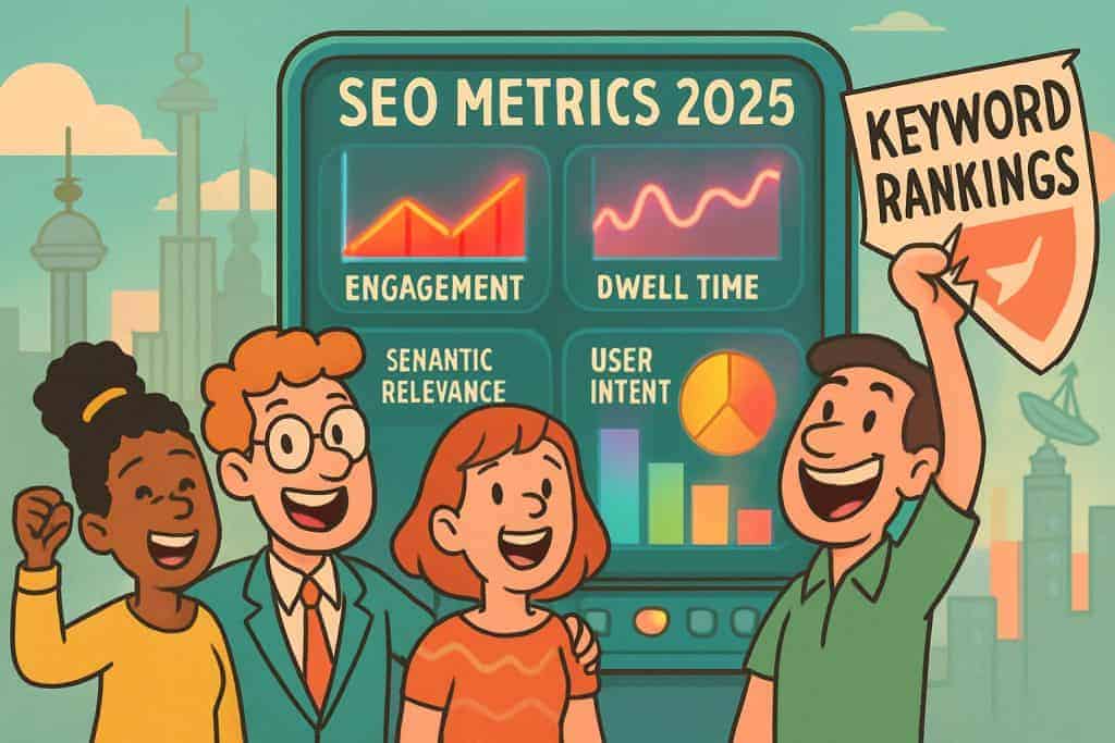 Équipe rétro-futuriste passant du SEO par mots-clés à un tableau de bord de métriques modernes 2025