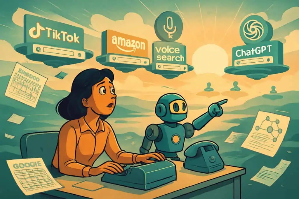 Cartoon woman overwhelmed by Google SEO, gazing toward TikTok, Amazon, and voice search platforms