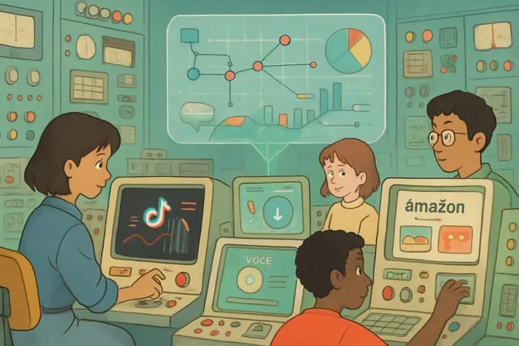 Team monitoring TikTok, Amazon, and AI trends in retro-futuristic SEO control room
