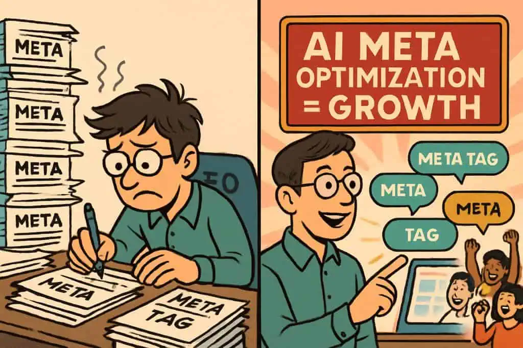 Before and after AI meta tag automation, showing traffic recovery and team celebration.