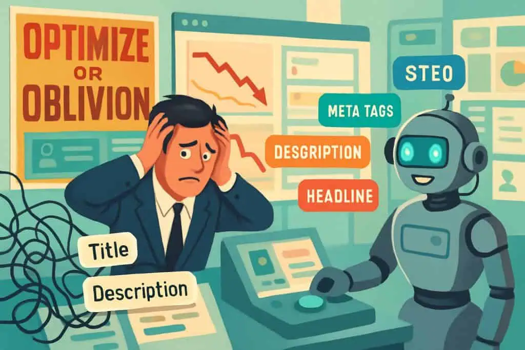 AI robot fixes broken SEO meta tags, boosting traffic in a retro-futuristic SEO command center.