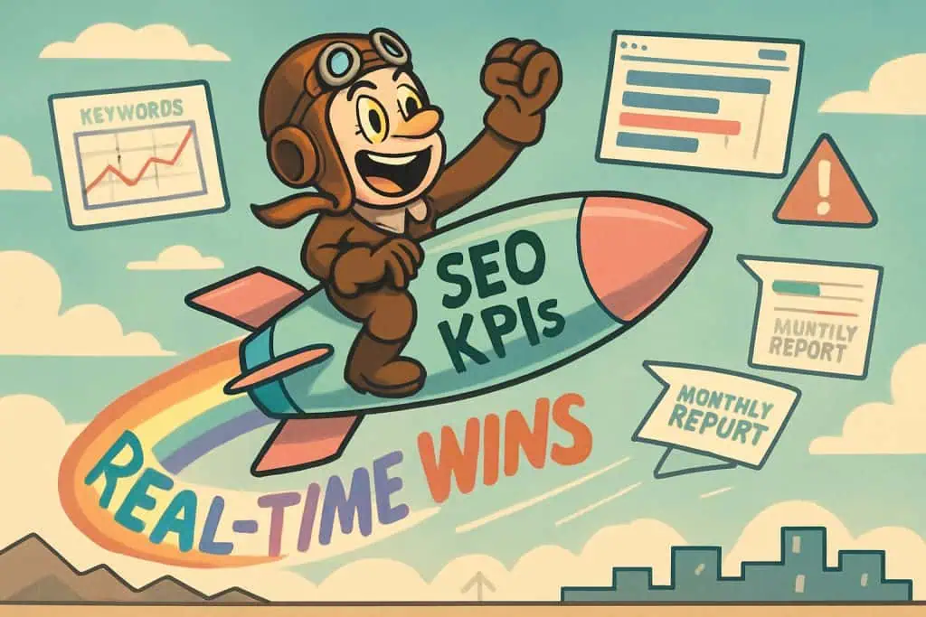 SEO expert in rocket outrunning paper planes with real-time KPI tracking advantage