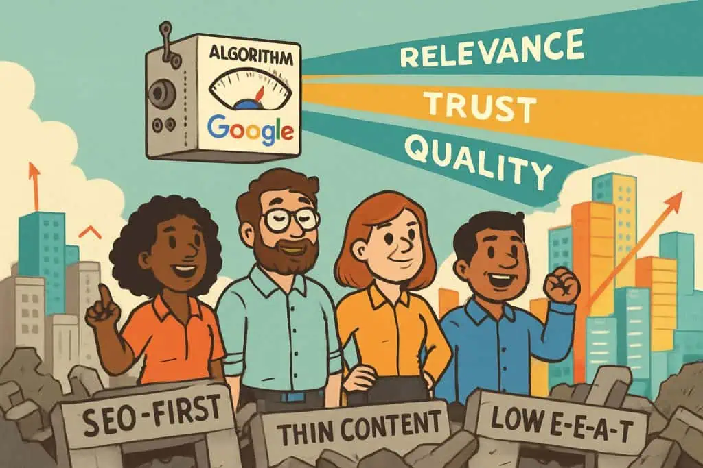 Cartoon SEOs rebuild after Google March 2025 update with trust, quality, and relevance signals