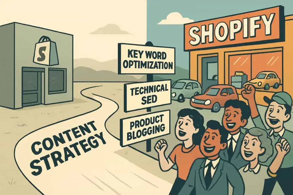 Shopify SEO journey illustrated from low traffic to high sales using smart content strategy