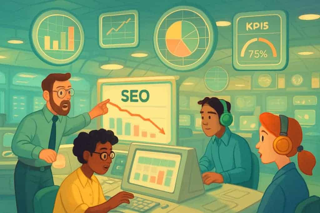 Suivi des KPI SEO en temps réel : une équipe SEO dessinée utilise un tableau de bord en direct pour stopper une chute de trafic après une mise à jour d’algorithme