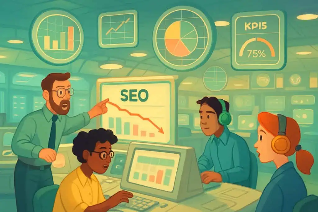 Real-time KPI SEO tracking Cartoon SEO team using real-time dashboard to stop traffic drop after algorithm update