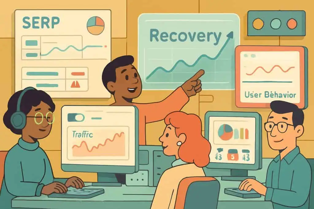 SEO team tracks real-time metrics on vintage-style dashboards with rising recovery graph