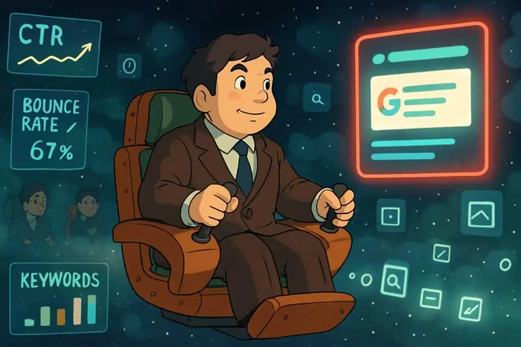 Business owner navigates real-time SEO data galaxy toward glowing SERP result