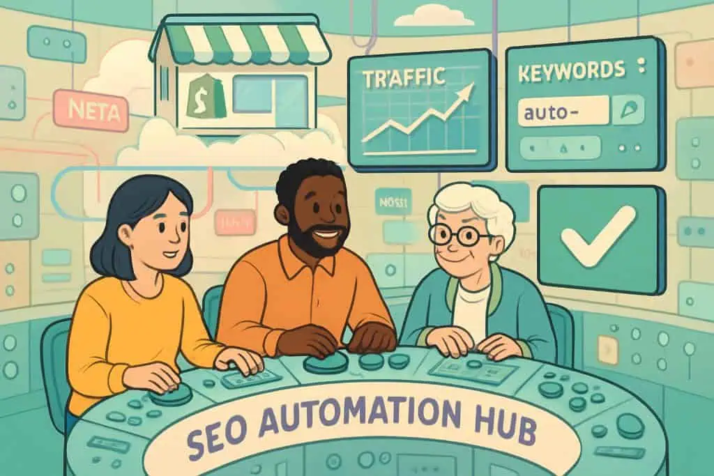 Shopify owners using SEO automation tools to boost traffic in a retro-futuristic control room