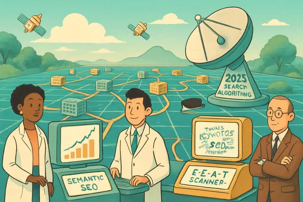 Cartoon team using retro-futuristic SEO tools to map content clusters and semantic keywords. Advanced SEO Content Strategies