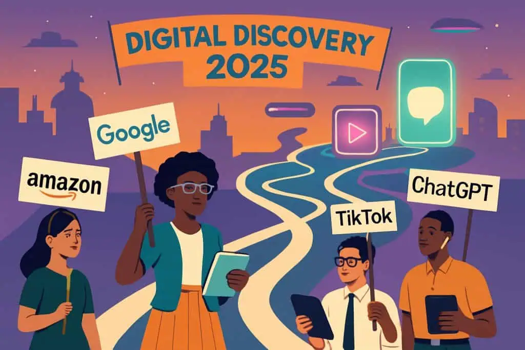 Marketers choosing new search platforms beyond Google in a futuristic 2025 tech landscape