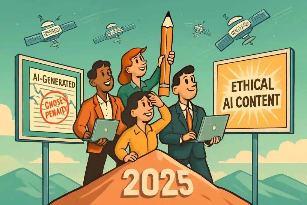 Cartoon marketers on a retro-futuristic hill choose ethical AI SEO over penalized content