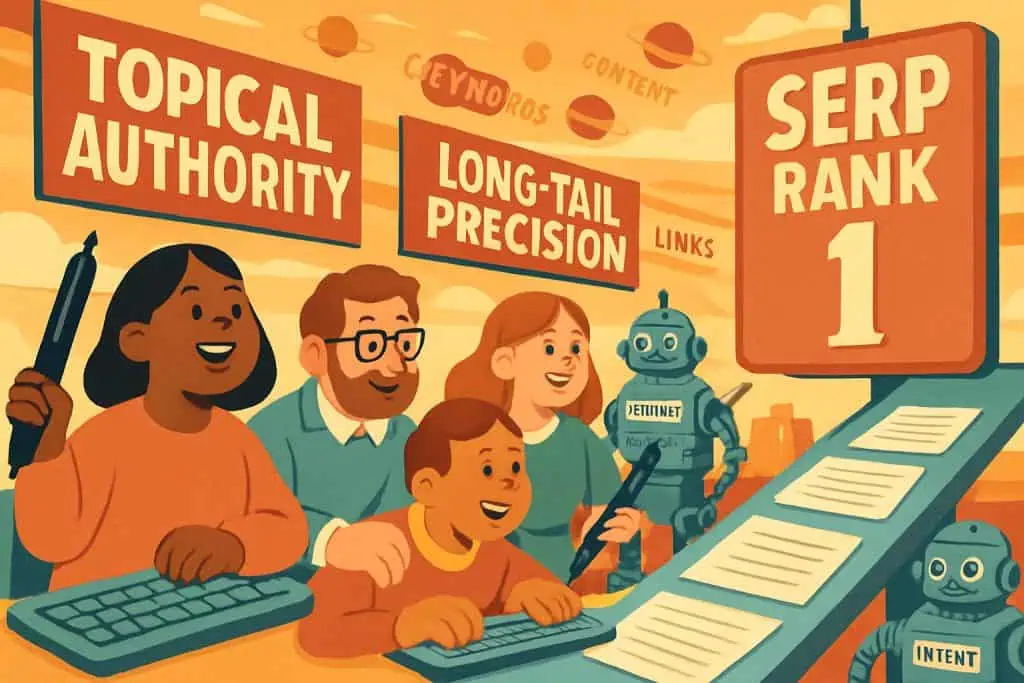 SEO experts and AI bots crafting high-ranking content with topical authority and long-tail focus
