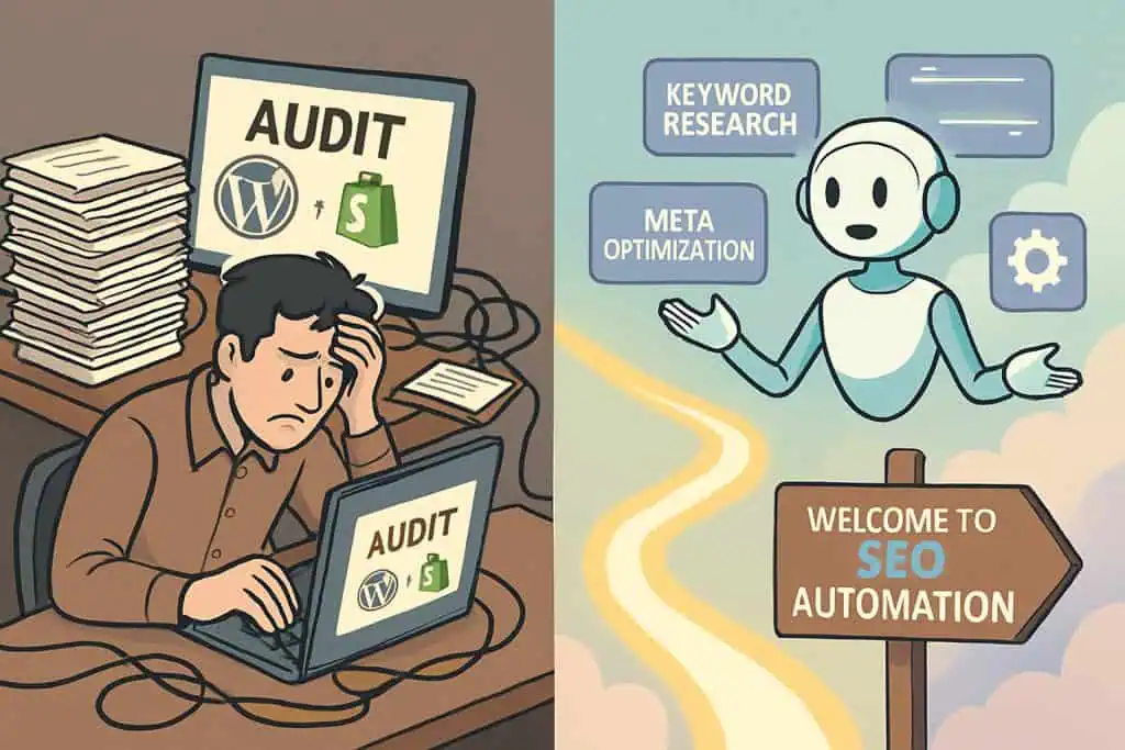 Split view of manual SEO chaos vs. streamlined AI-powered automation on WordPress and Shopify