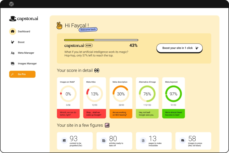 Tableau de bord capston.ai avec scores et statistiques SEO.