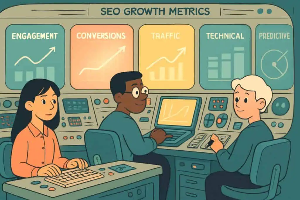 Team tracking SEO metrics on glowing futuristic dashboard with conversions in focus