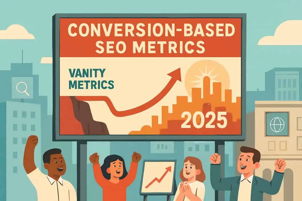 Billboard showing SEO metrics rising to revenue spike in a futuristic city square