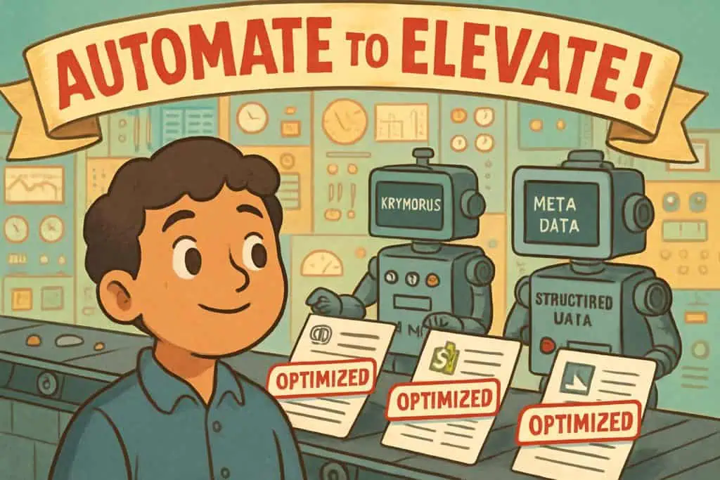 AI robots automating SEO for WordPress and Shopify pages in a retro-futuristic control room