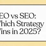 Texte "GEO vs SEO: Which Strategy Wins in 2025?" sur fond texturé.