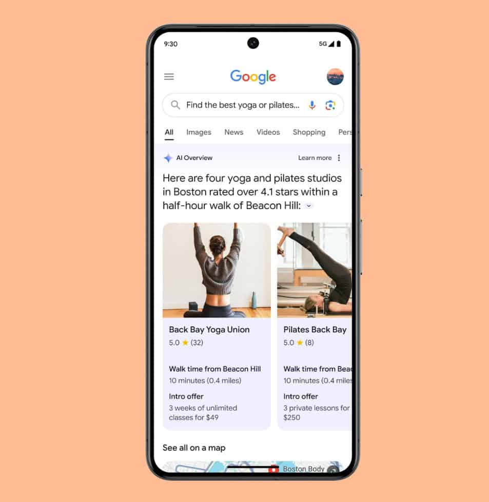 Google AI Overview showing localized yoga and pilates studio search results with ratings, walk times, and intro offers