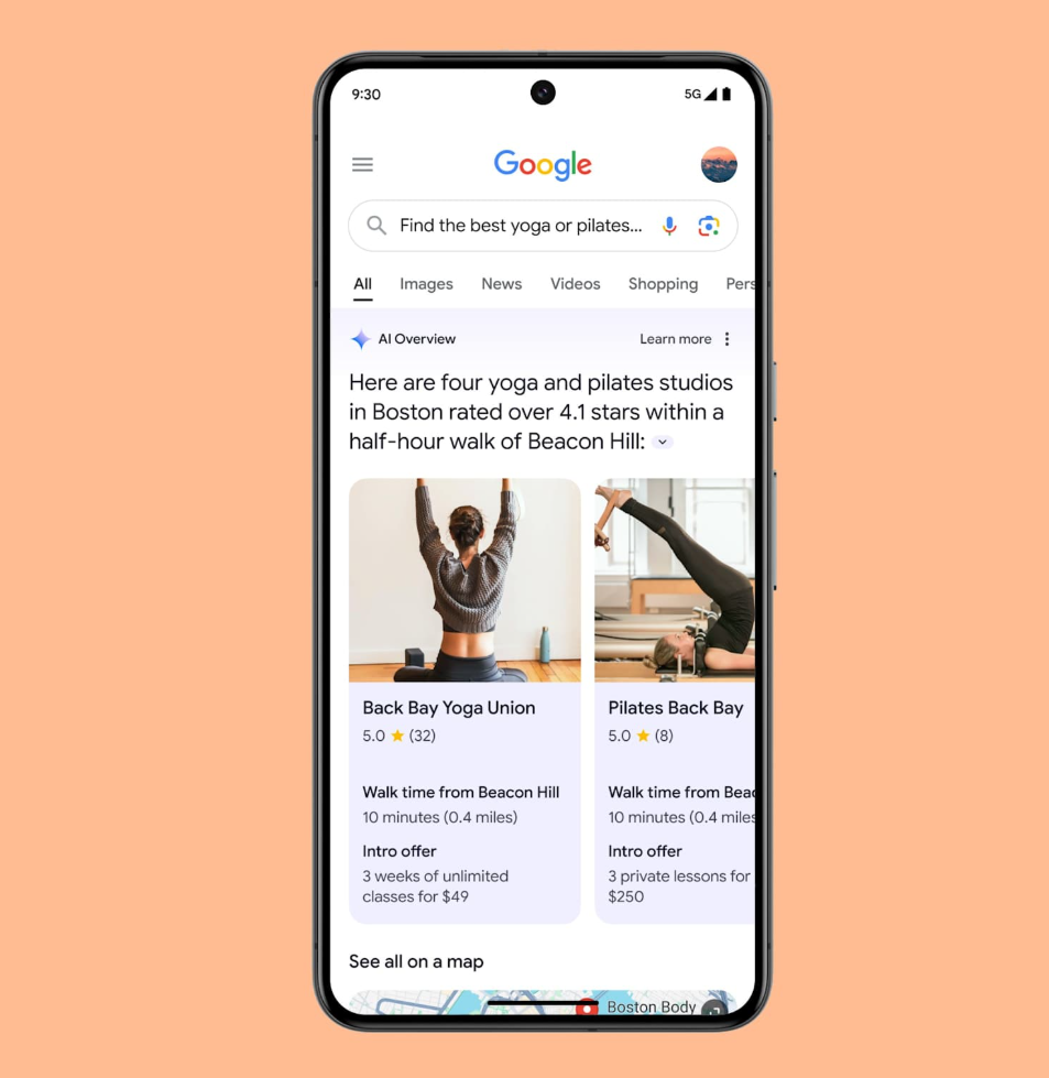 Google AI Overview showing localized yoga and pilates studio search results with ratings, walk times, and intro offers