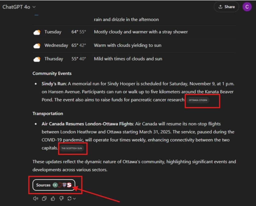 ChatGPT 4o interface showing localized weather, community events, and transportation updates with source citations