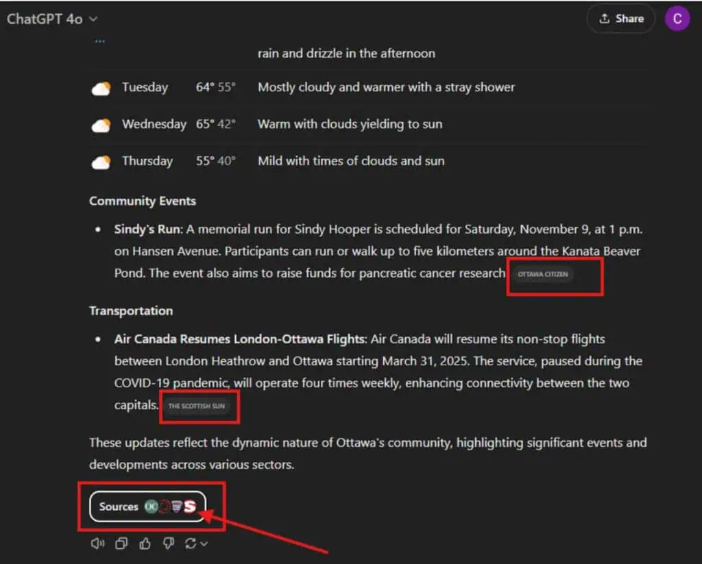 ChatGPT 4o interface showing localized weather, community events, and transportation updates with source citations