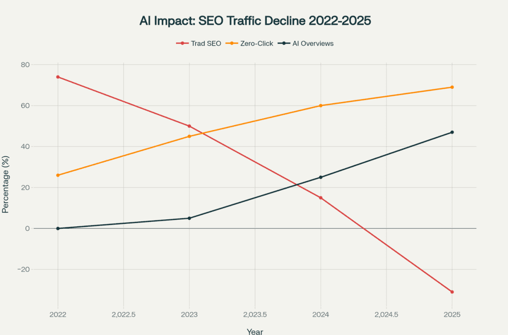 Dramatic visualization showing how AI features have decimated traditional SEO traffic by 69% between 2022-2025