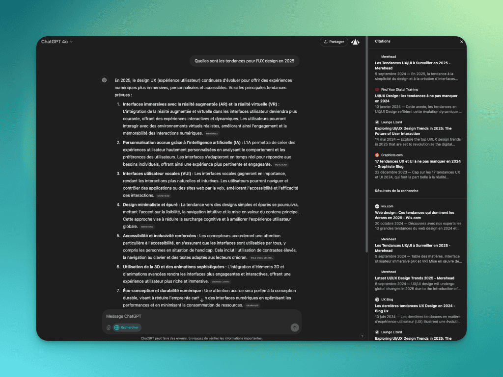 ChatGPT-4o interface displaying a detailed, cited response on UX design trends for 2025 in French, illustrating AI-powered search interaction and multi-lingual content support 