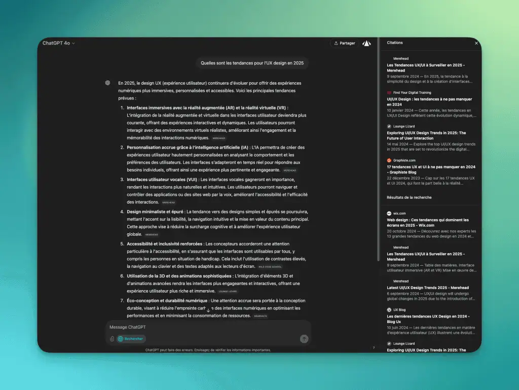 Interface ChatGPT-4o affichant une réponse détaillée et sourcée sur les tendances UX design 2025 en français, illustrant l’interaction de recherche dopée à l’IA et le support multilingue
