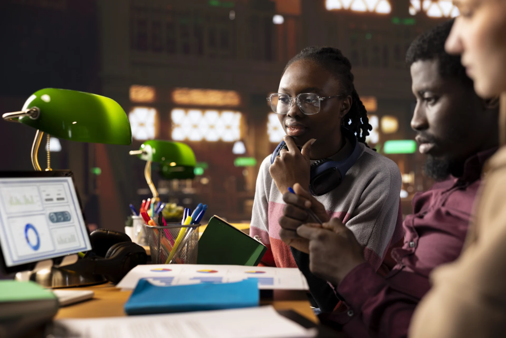 African professionals collaborating on data analysis and digital projects in a modern workspace 
