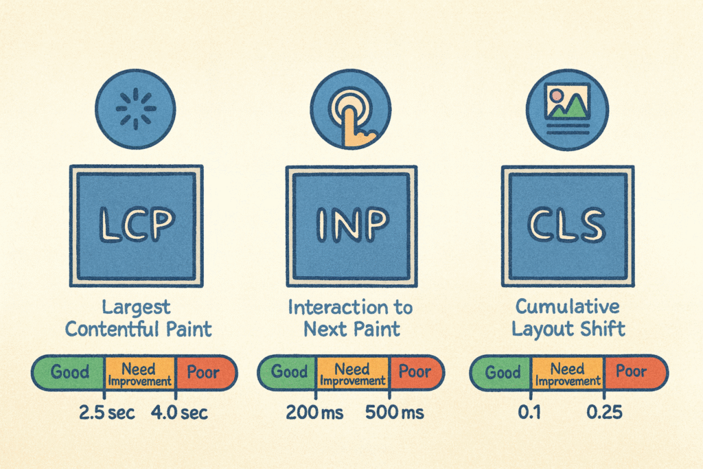 Google Core Web Vitals metrics LCP, INP, and CLS with their performance thresholds for good, need improvement, and poor scores 