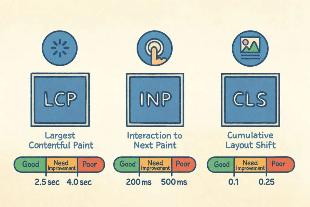 Google Core Web Vitals metrics LCP, INP, and CLS with their performance thresholds for good, need improvement, and poor scores