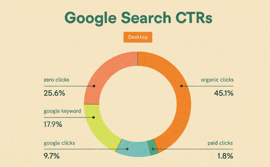 Google desktop search click-through rates show that 25.6% of searches result in zero clicks, highlighting a key SEO trend for 2025 