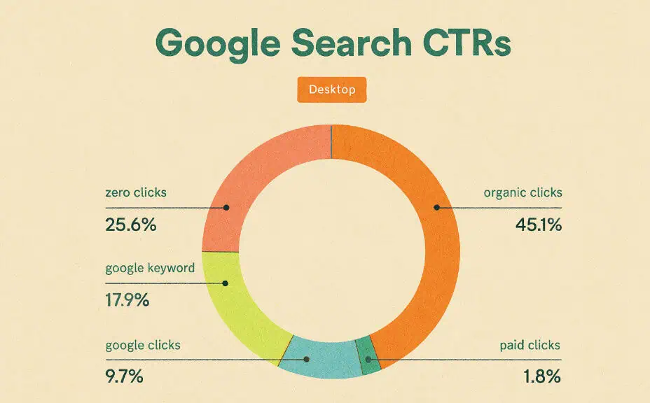Google desktop search click-through rates show that 25.6% of searches result in zero clicks, highlighting a key SEO trend for 2025