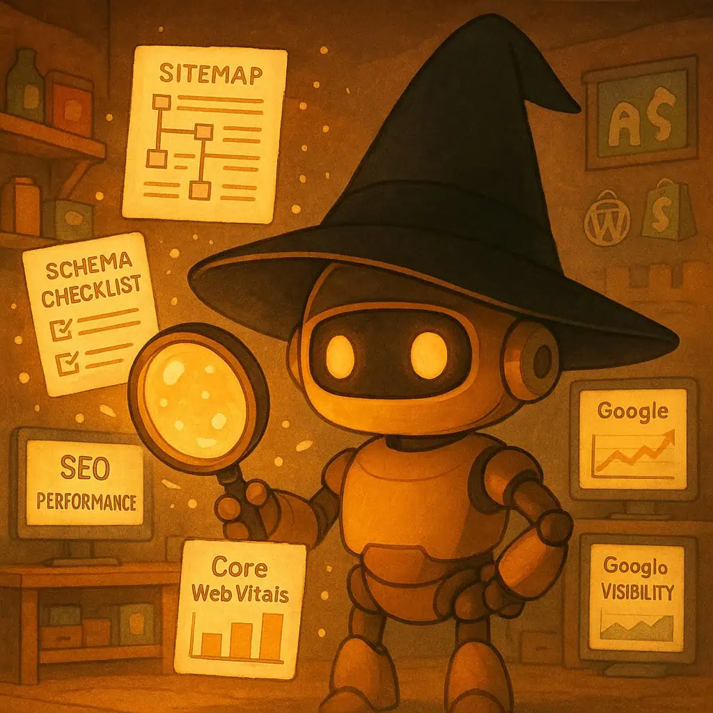 Robot with big black hat checking SEO signals for Google update recovery