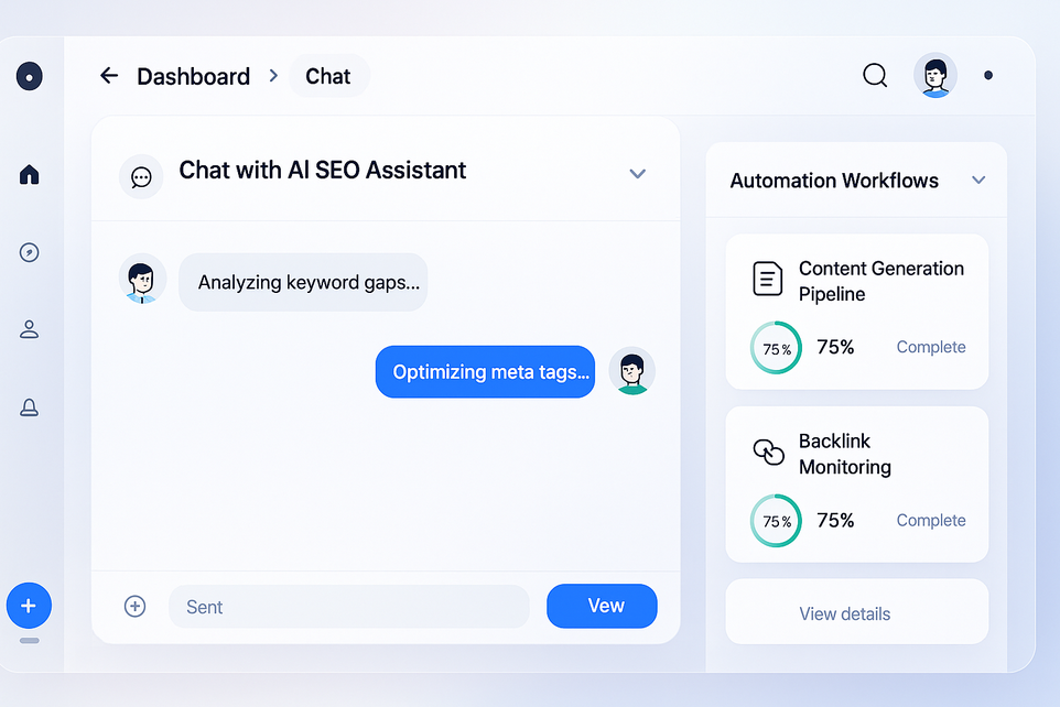 Modernes Dashboard eines KI-SEO-Assistenten mit konversationaler Oberfläche