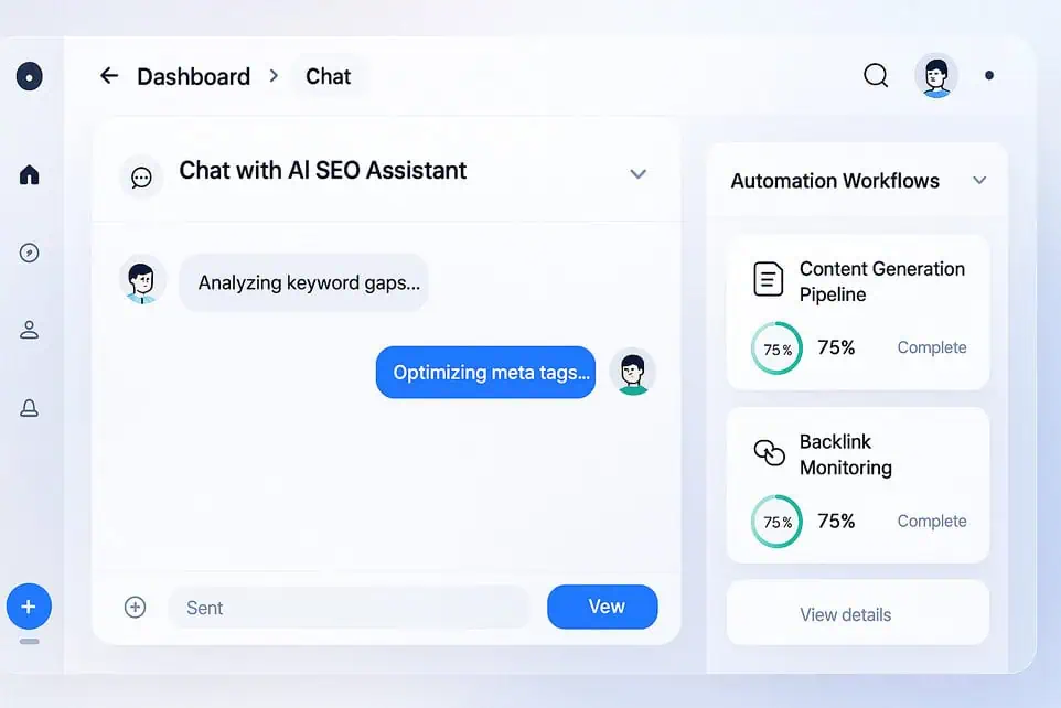Modern AI SEO assistant dashboard showing conversational interface