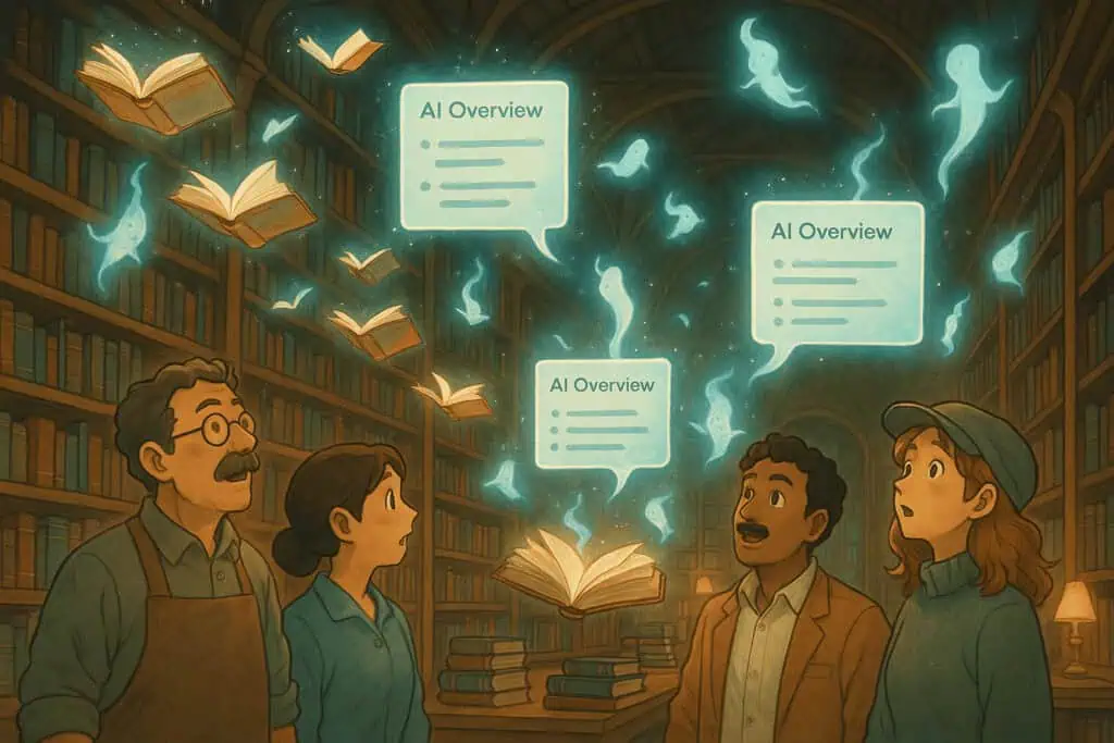 Magical library scene where flying books transform into AI Overviews panels, with small business owners watching luminous AI spirits highlight knowledge.