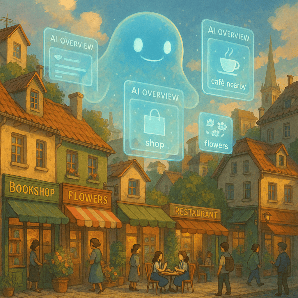 Whimsical town square where an AI spirit projects AI Overviews for local businesses like bookshops, cafés, and flower stores, guiding people in real time.