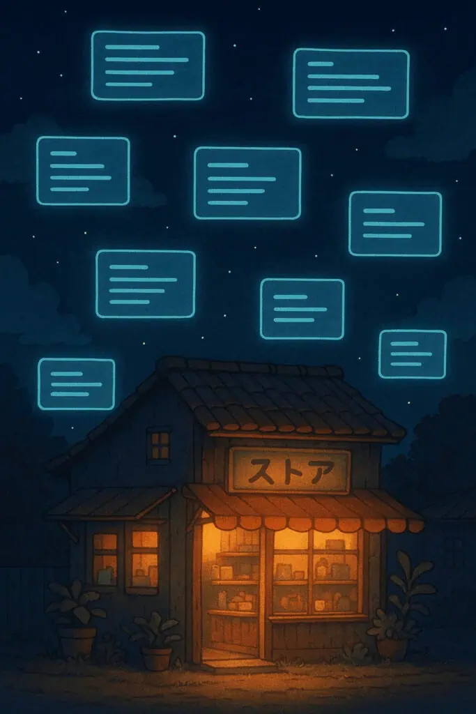 apanese shop at night with glowing AI Overviews floating in the starry sky, symbolizing online visibility and search insights for small businesses.