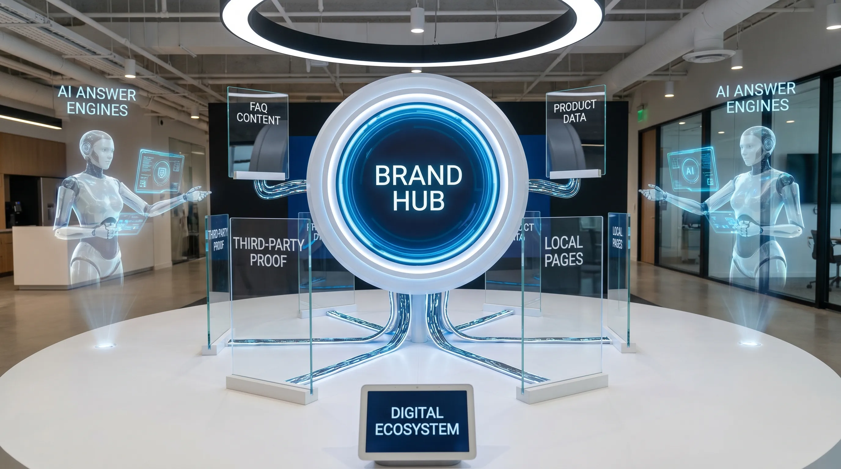 A central brand entity connected to FAQ content, product data, third-party proof, and local pages, with AI assistants around the map representing answer engines that use those sources to generate recommendations.