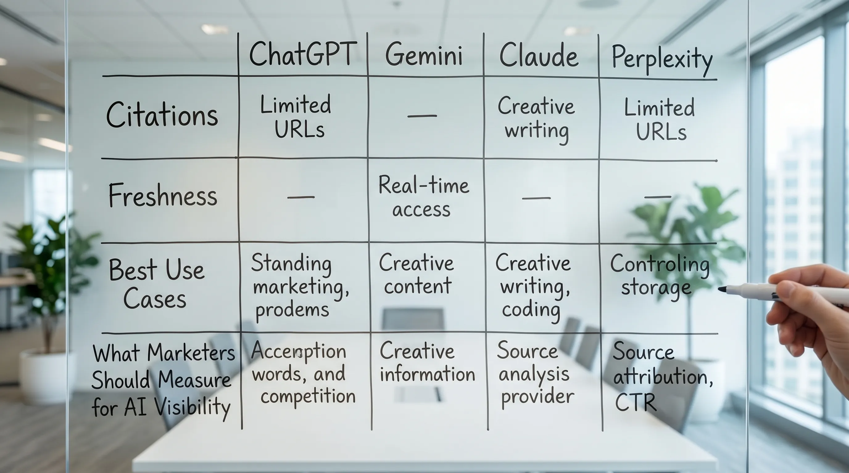 A clean comparison matrix showing ChatGPT, Gemini, Claude, and Perplexity in columns, with rows for citations, freshness, best use cases, and what marketers should measure for AI visibility.