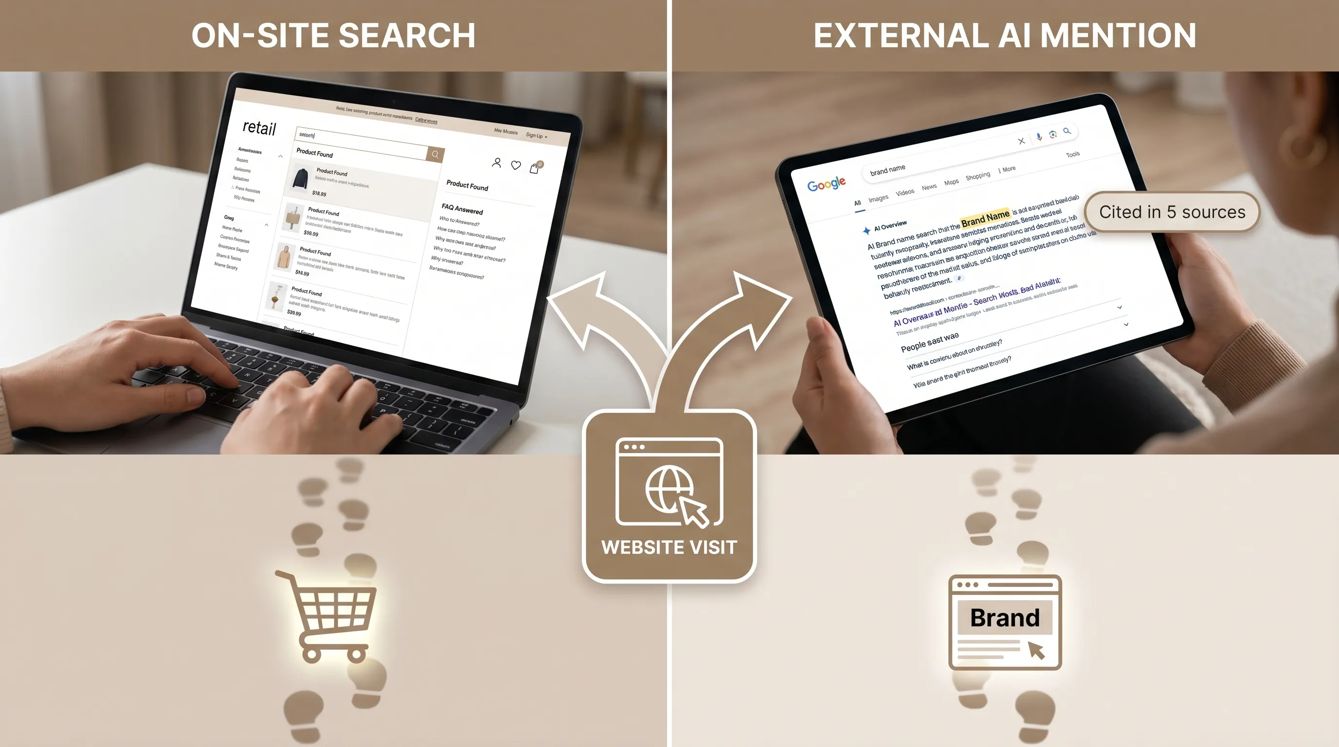 A customer journey split into two paths: one path shows a visitor using an on-site search box to find products or answers, while the other path shows external AI engines mentioning and citing a brand before the visitor reaches the website.