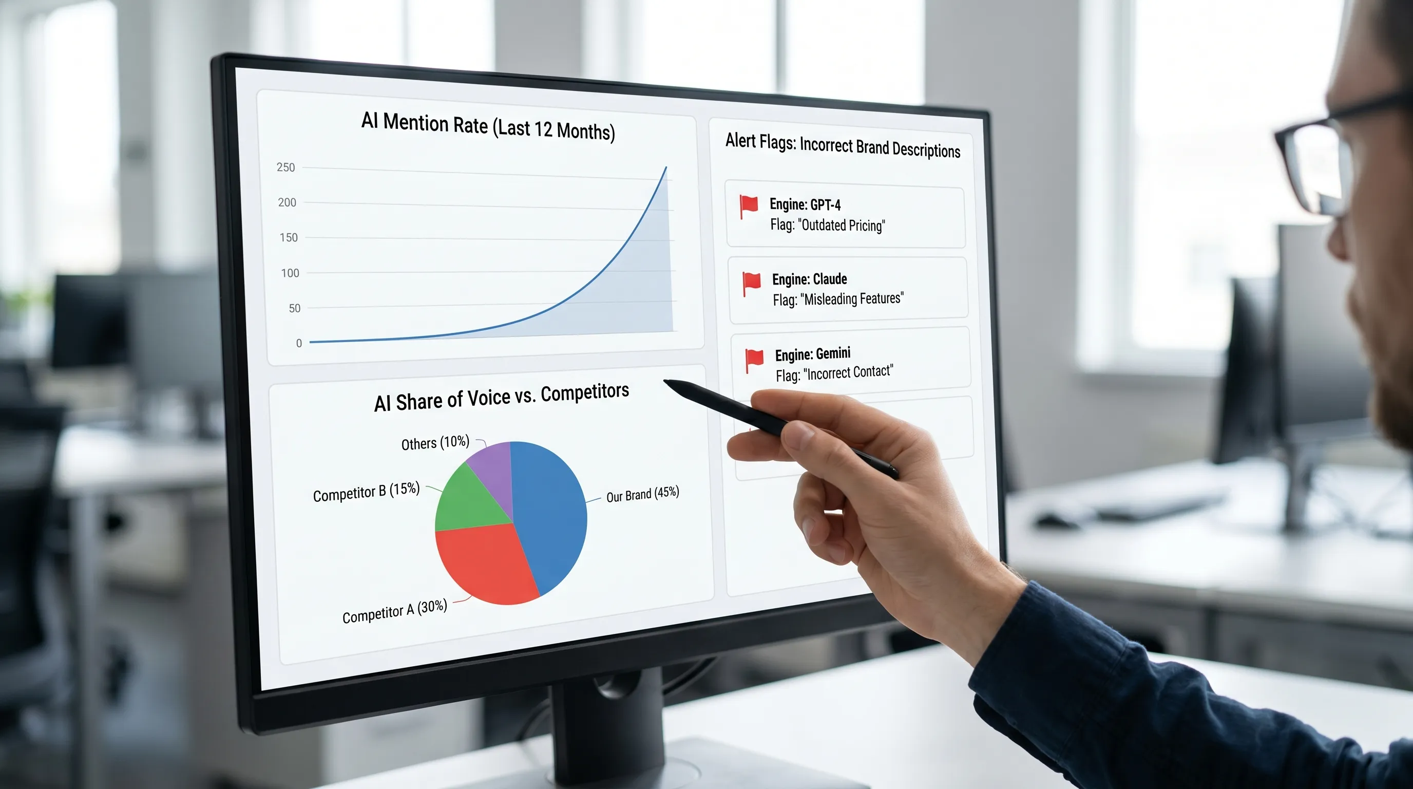 A dashboard-style illustration showing AI mention rate over time, AI share of voice vs competitors, and alert flags for incorrect brand descriptions across multiple AI engines.