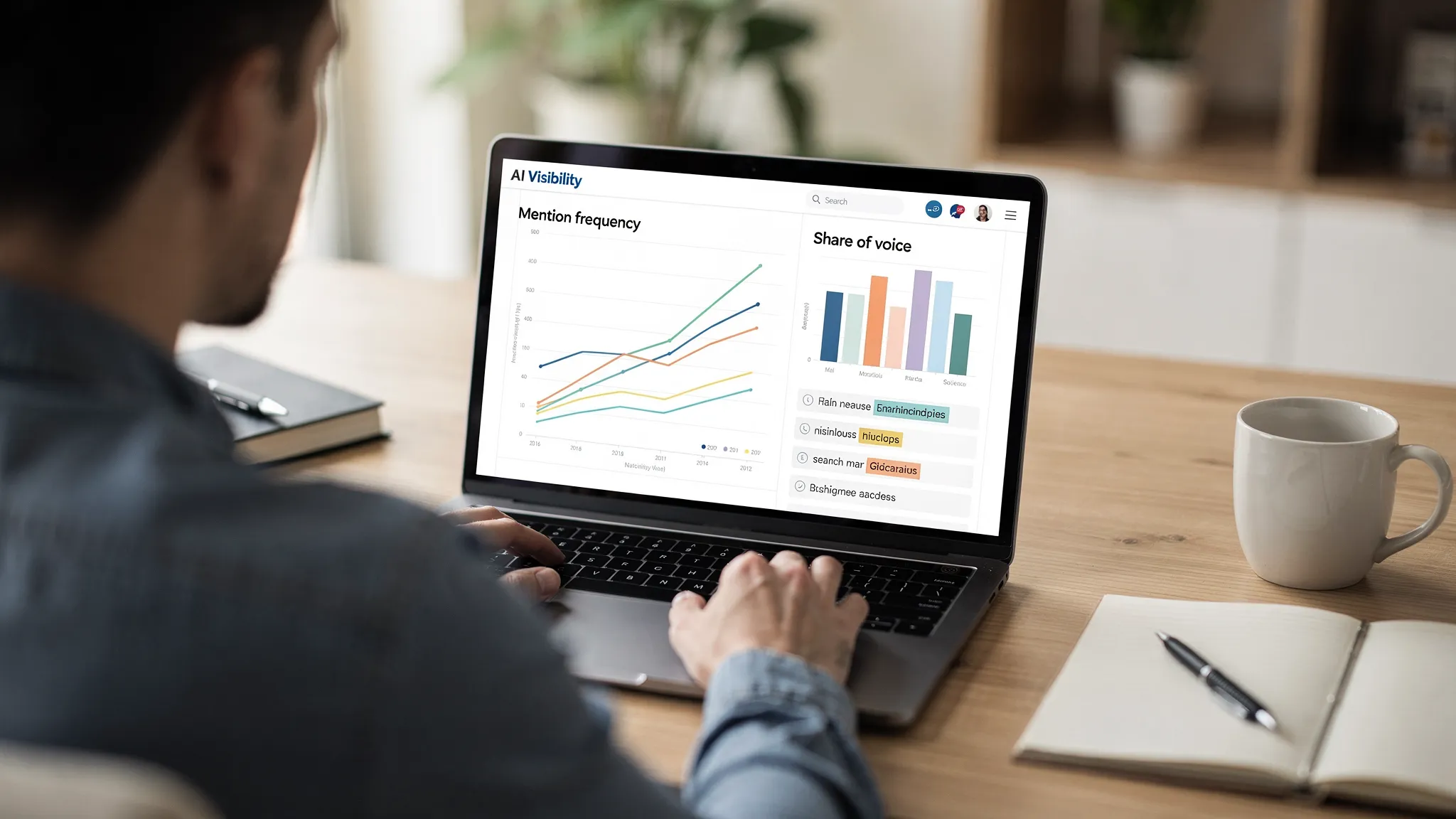 A marketer reviewing an AI visibility dashboard on a laptop screen facing the viewer, with simple charts showing mention frequency, share of voice, and a list of prompts with brand mentions highlighted. The interface is generic with no real brand logos.